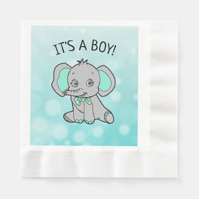 Teal and Gray Elephant Themed Baby Shower Napkins (Front)