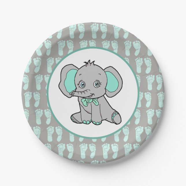 Teal and Gray Elephant Themed Baby Shower Paper Plates (Front)