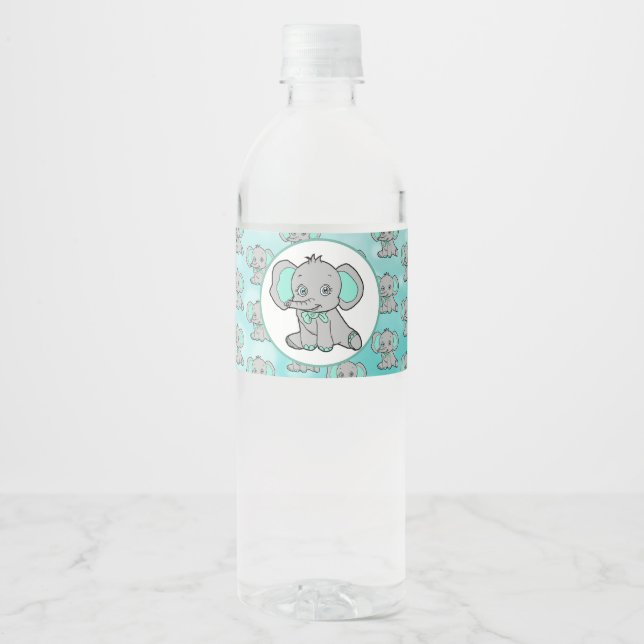 Teal and Gray Elephant themed Baby Shower Water Bottle Label (Front)
