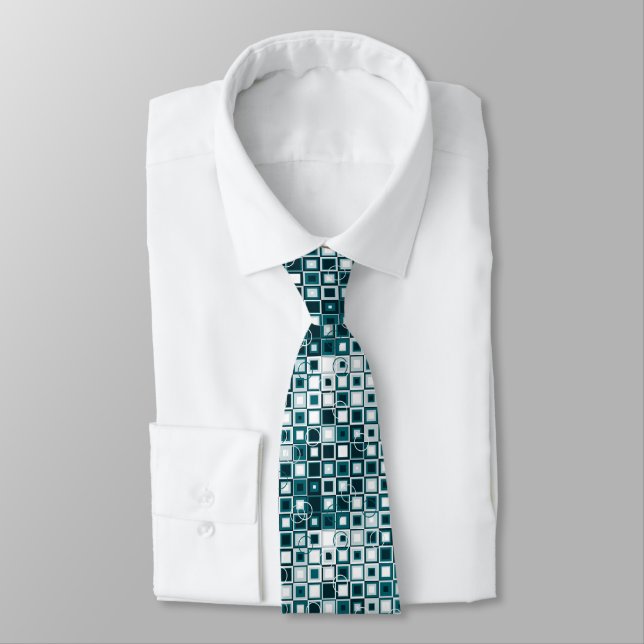 Teal and Gray Geometric Square Pattern Neck Tie (Tied)
