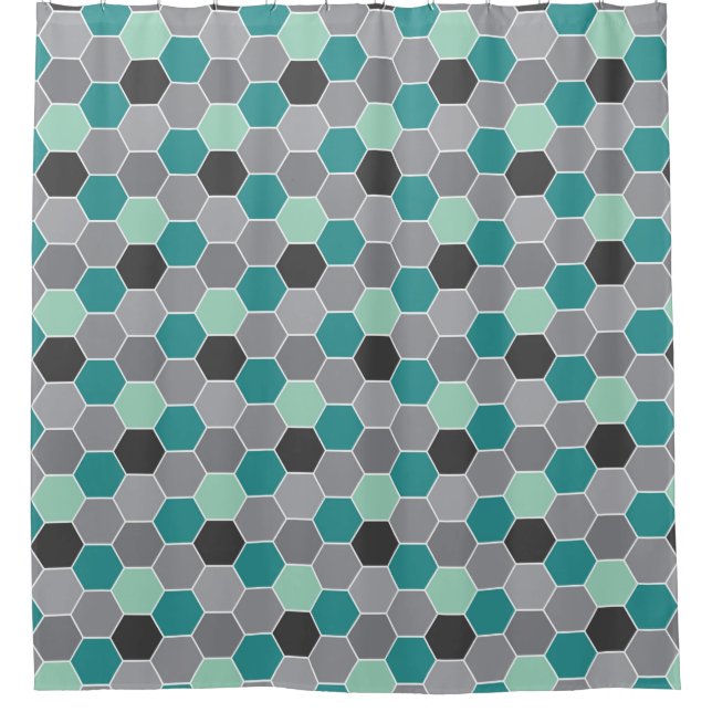 Teal and Gray Honeycomb Pattern Shower Curtain (Front)