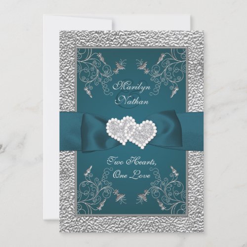 Teal and Gray Joined Hearts Wedding Invite