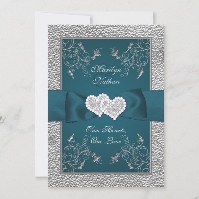 Teal and Gray Joined Hearts Wedding Invite (Front)
