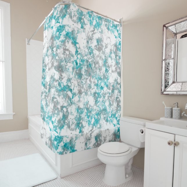 Teal and Gray Marble Shower Curtain (In Situ)