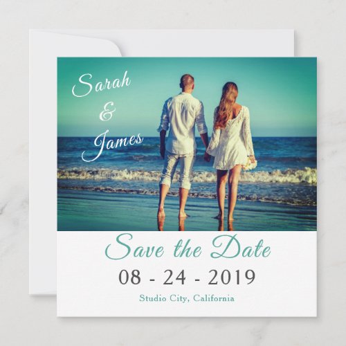 Teal and Gray Minimalist Beach Wedding Photo Save The Date