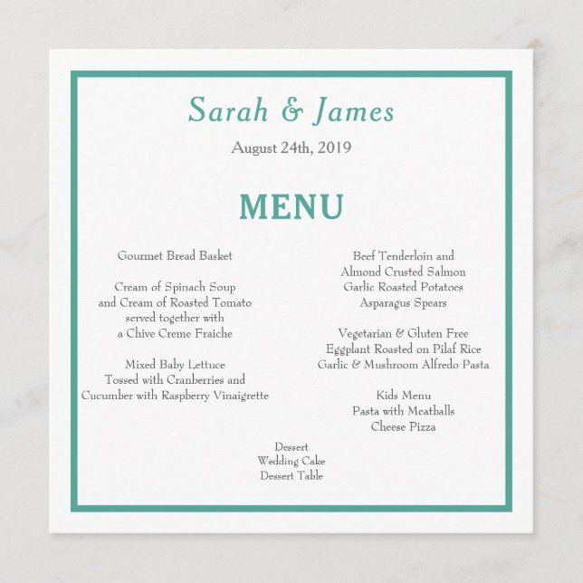 Teal and Gray Minimalist Wedding Reception Menu (Front)