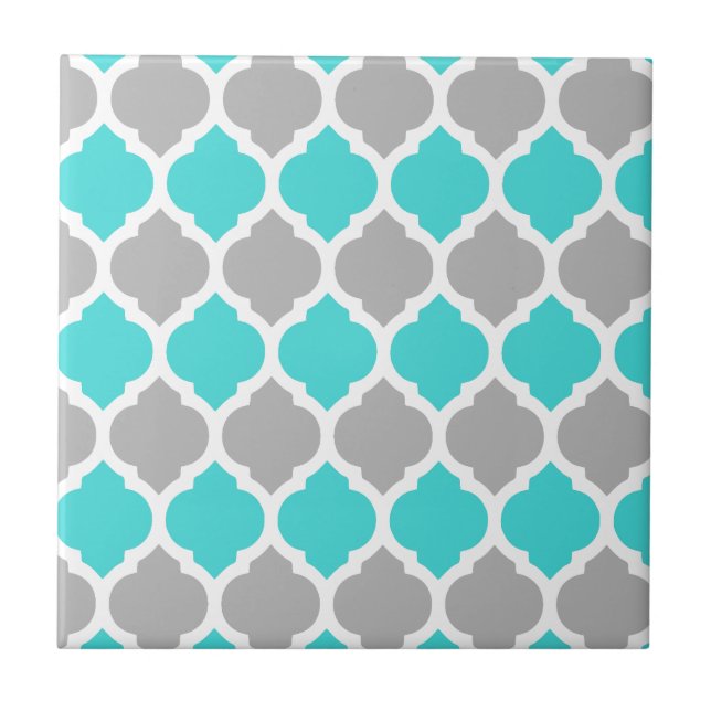 Teal and Gray Moroccan Lattice Tile (Front)