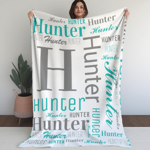 Teal and Gray Name and Monogram Cloud Word Art Fleece Blanket