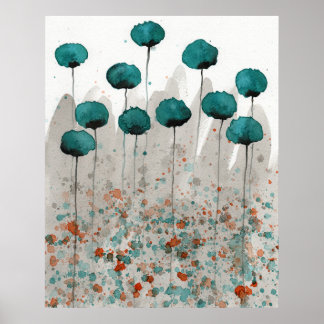 Teal and Gray Poppies, Watercolor Flowers Wall Poster