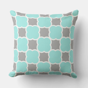 Teal and Gray Quatrefoil Pattern Print Throw Pillow