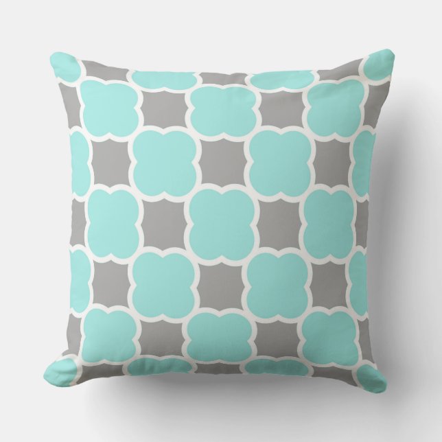 Teal and Gray Quatrefoil Pattern Print Throw Pillow (Front)