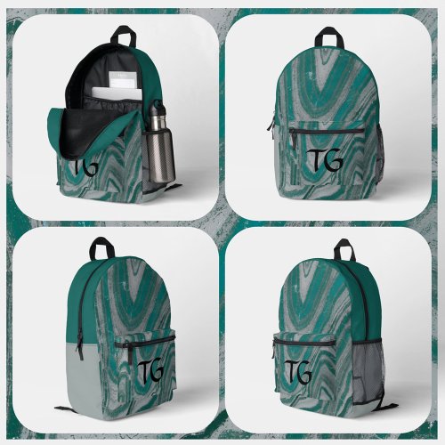Teal and Gray Stone Natural Abstract Monogrammed Printed Backpack