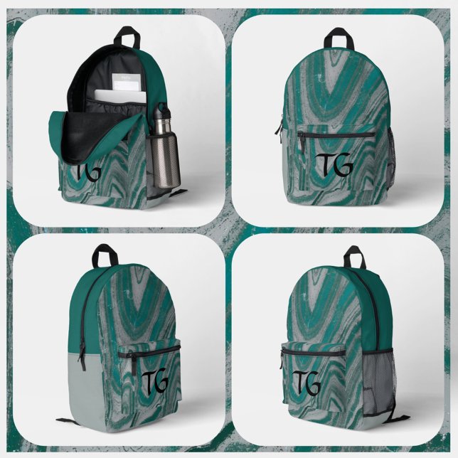 Teal and Gray Stone Natural Abstract Monogrammed Printed Backpack (Creator Uploaded)