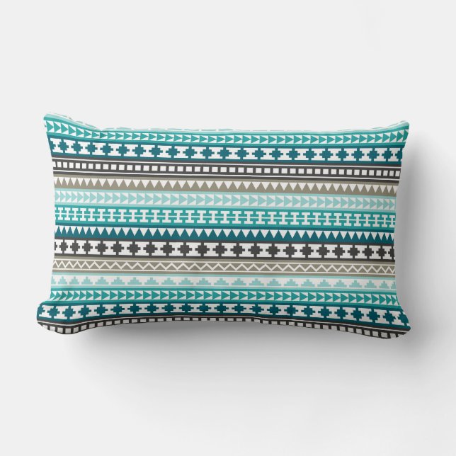 Teal and Gray Tribal Aztec Pattern Lumbar Pillow (Front)