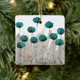 Teal and Gray Watercolor Flowers Ceramic Ornament