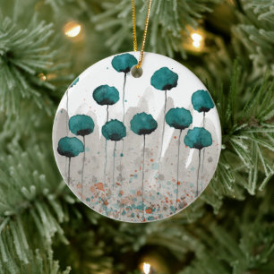 Teal and Gray Watercolor Flowers Ceramic Ornament