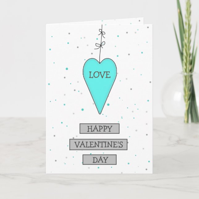 Teal and Gray Whimsical Heart and Bows Valentine's Card (Front)