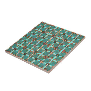 Teal and green aesthetic maiolica inspired artsy  ceramic tile