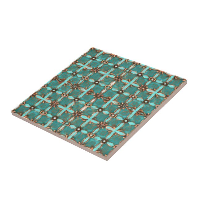 Teal and green aesthetic maiolica inspired artsy  ceramic tile (Side)