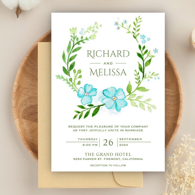 Teal and Green Botanical Floral Wreath Wedding Invitation (Creator Uploaded)