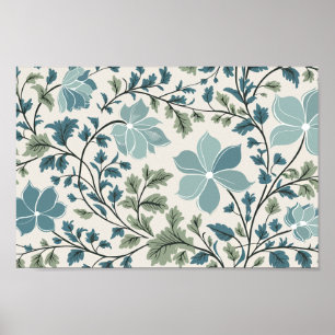 Teal and Green Floral Pattern on Cream Background Poster