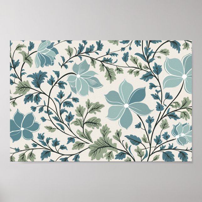 Teal and Green Floral Pattern on Cream Background Poster (Front)