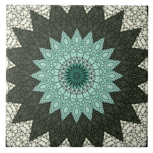 Teal and Green Geometric Mandala Pattern Ceramic Tile (Front)