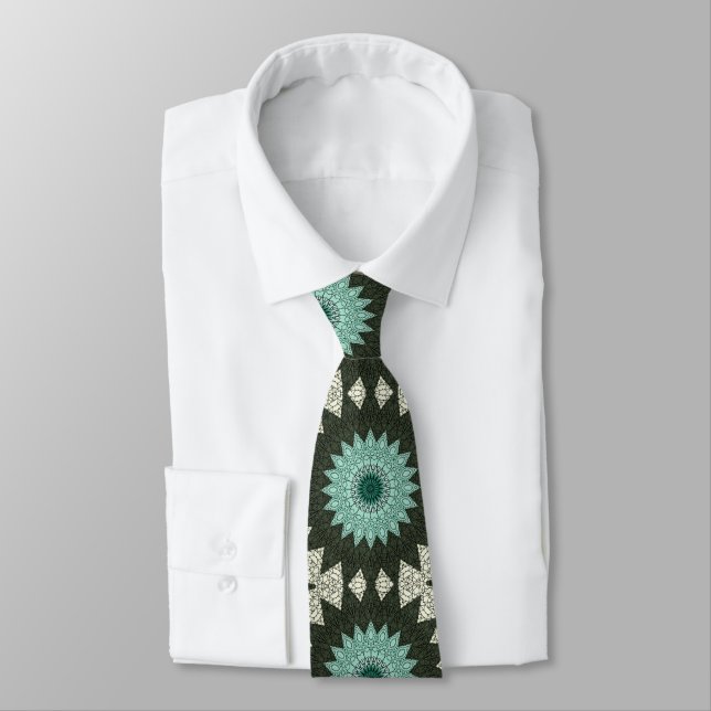 Teal and Green Geometric Mandala Pattern Neck Tie (Tied)