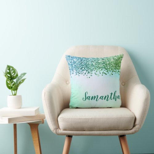 Teal and Green Glitter Glamour  Throw Pillow