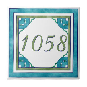 Teal and Green Small House Number Ceramic Tile