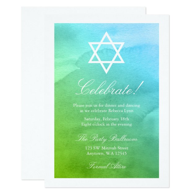 Teal And Green Watercolor Bat Mitzvah Reception Card