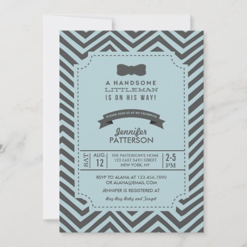 Teal and Grey Chevron Bow tie Baby Shower Invite