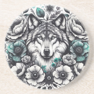 Teal and Grey Wolf with Flowers Sandstone Coaster