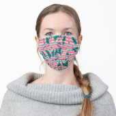 Teal and Hot Pink Stripes and Palm Trees Tropical Adult Cloth Face Mask (Worn)