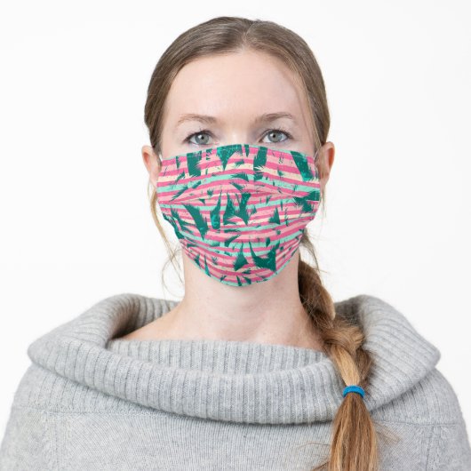 Teal and Hot Pink Stripes and Palm Trees Tropical Adult Cloth Face Mask (Worn)