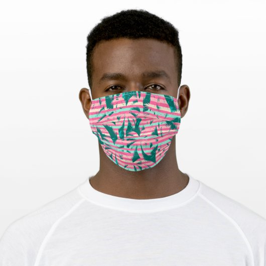Teal and Hot Pink Stripes and Palm Trees Tropical Adult Cloth Face Mask (Worn)