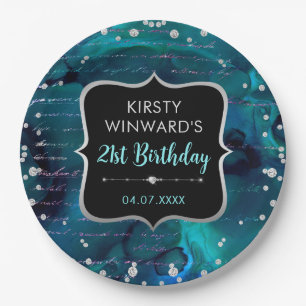 Teal and Iridescent Glitter Letters Birthday Paper Plates