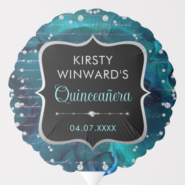 Teal and Iridescent Glitter Letters Quinceanera Balloon (Front)