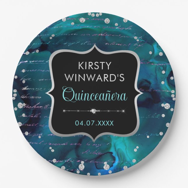 Teal and Iridescent Glitter Letters Quinceanera Paper Plates (Front)