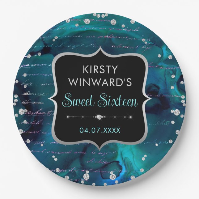 Teal and Iridescent Glitter Letters Sweet 16 Paper Plates (Front)
