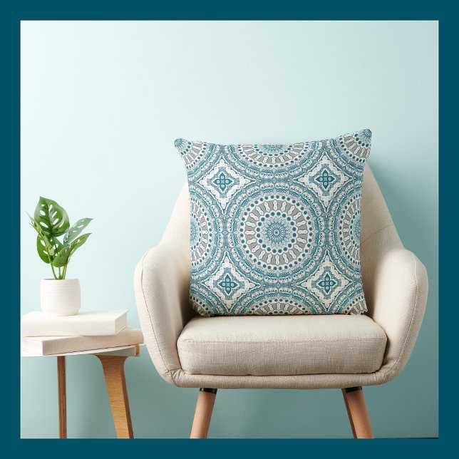 Teal and Ivory Abstract Mandala Pattern Throw Pillow (Creator Uploaded)