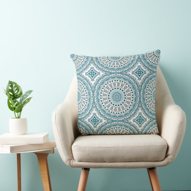 Teal and Ivory Abstract Mandala Pattern Throw Pillow (Chair)