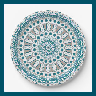 Teal and Ivory Mandala Pattern Design Paper Plates
