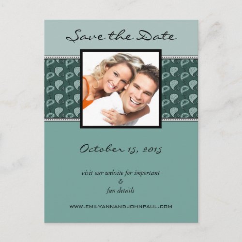 Teal and Ivory Paisley Save The Date Your Photos Announcement Postcard