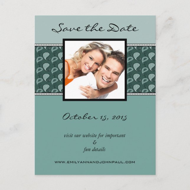 Teal and Ivory Paisley Save The Date Your Photos Announcement Postcard (Front)