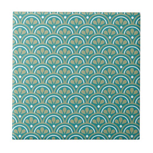 Teal And Khaki  Floral Art Deco Pattern Tile