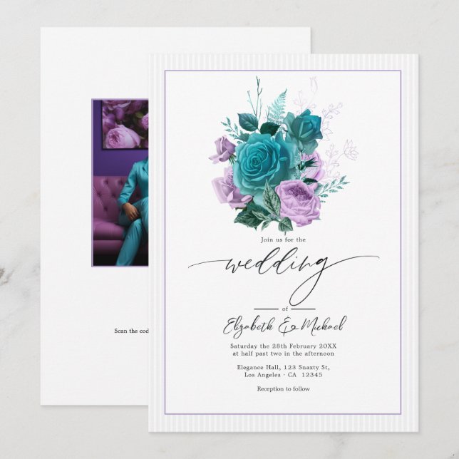 Teal and Lavender Floral Wedding Photo Invitation (Front/Back)