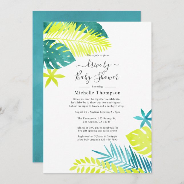 Teal and Lemon Tropical Drive By Shower Invitation (Front/Back)