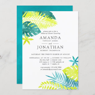 Teal and Lemon Tropical Rehearsal Dinner invite