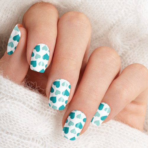 Teal And Light Blue Heart Pattern Minx Nail Art